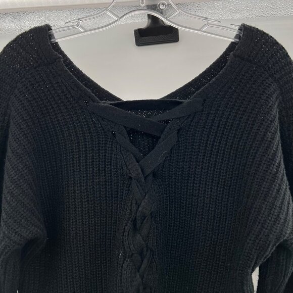 Timing Women's Knit Sweater V-Neck Lace Up Back Black Size Medium - Picture 6 of 9